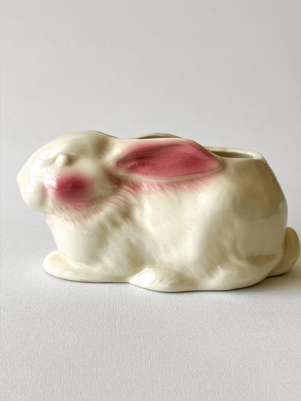 Vintage Bunny Planter Ceramic White Rabbit with Pink Ears Cheeks Easter Decor